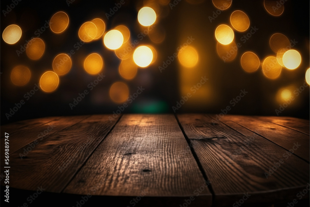 Wooden table blurred bokeh background background. Generative Ai