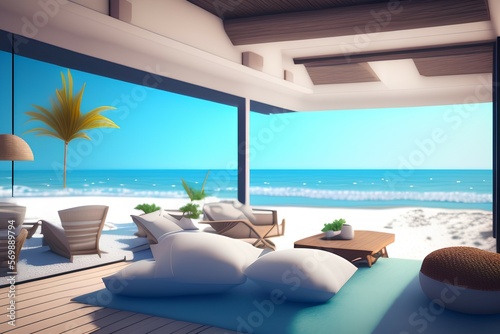 Beach living with sea view3d render - generative ai