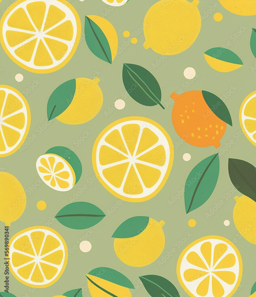 Pattern of lemons with green leaves. background image. Ai Pattern of lemons with green leaves. background image. Ai