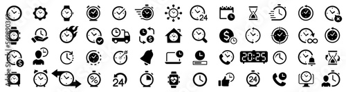 Time icon set in flat style. Timer, alarm, schedule, hourglass, clock icons. Stopwatch symbol. Web icon set. Countdown. Vector illustration