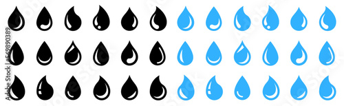 Water drop shape icon. Water or rain drops shape icons set. Blood or oil drop. Plumbing logo. Flat style outline. Vector illustration photo