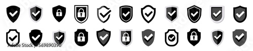 Shield check mark icon set. Set of security shield. Security shield protection icon with tick. Vector illustration