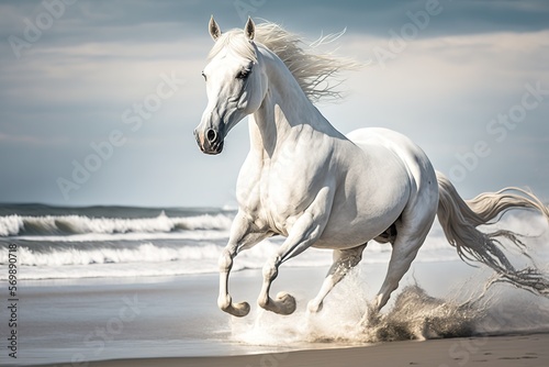 White Horse on the Beach Generative ai © Tatijana
