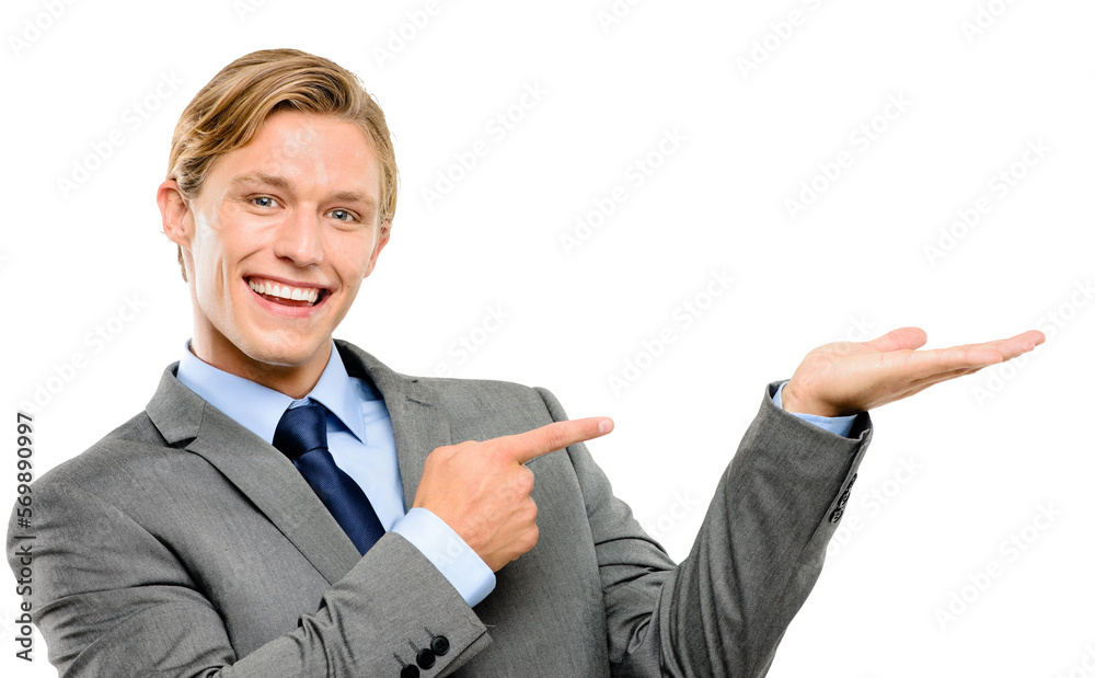 An excited young business manager pointing at a product in his hand and recommending it in copy space isolated on a png background. An excited young business manager pointing at a product in his hand and recommending it in copy space isolated on a png background.