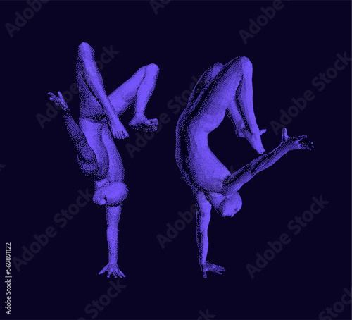 Man making one arm handstand. Gymnast. 3D vector illustration for fitness studio, dance class, yoga or aerobics training.