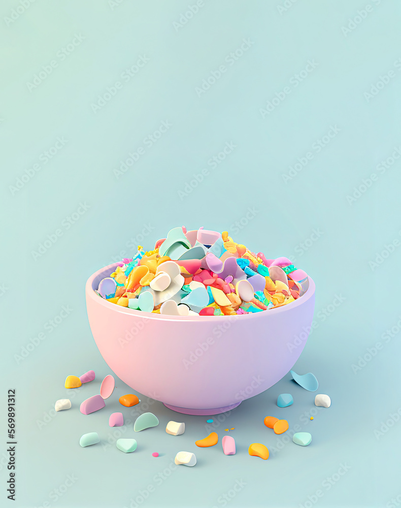 Pastel creative food concept of delicious breakfast or snack, delicious cereal in milk. Cereals for a healthy and tasty start to the day. Illustration, Generative AI.