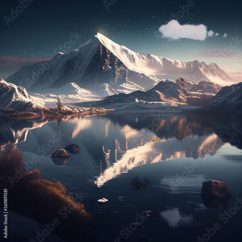 the snowy mountain and blue lake in the distance. Generative Ai