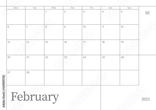 February 2023 simple design digital and printable calendar template illustration. Notes, scheduler, diary, calendar, memo, planner document template background. 