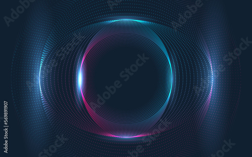 Blue and pink abstract art containing dotted elipses creating shape similar to an eye, with empty circural placeholder in the middle and glowing lights.