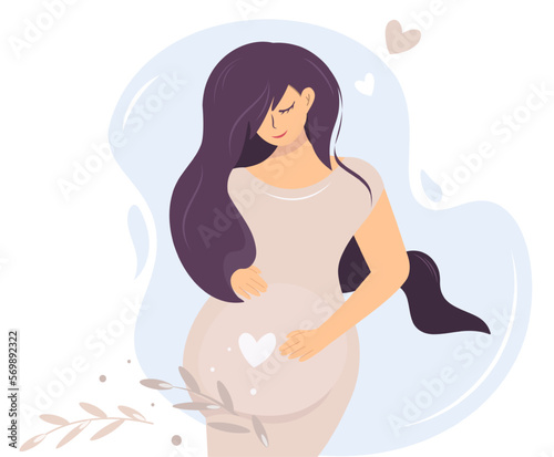 A cute pregnant woman in a light dress gently caresses her belly. Future young mother. Brunette with a hand on her stomach on a blue background. Vector isolated mother's day design. Postcard banner.