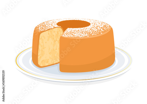 Chiffon cake with powdered sugar icon vector illustration. Light and fluffy vanilla chiffon cake on a plate icon vector isolated on a white background. Delicious sponge cake sliced drawing
