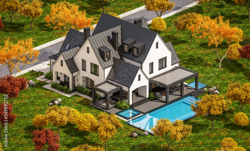 3d rendering of cute cozy white and black modern Tudor style house with parking  and pool for sale or rent with beautiful landscaping. Fairy roofs. Clear sunny autumn day with golden leaves anywhere © korisbo
