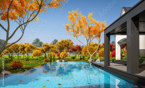 3d rendering of cute cozy white and black modern Tudor style house with parking  and pool for sale or rent with beautiful landscaping. Fairy roofs. Clear sunny autumn day with golden leaves anywhere