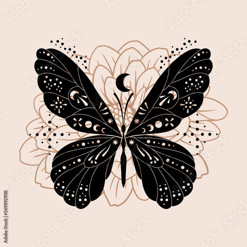 Hand drawn vector abstract graphic illustrations celestial design concept with logo magic line silhouette of mystic flying butterfly and flower isolated. Magic drawing butterfly icon.