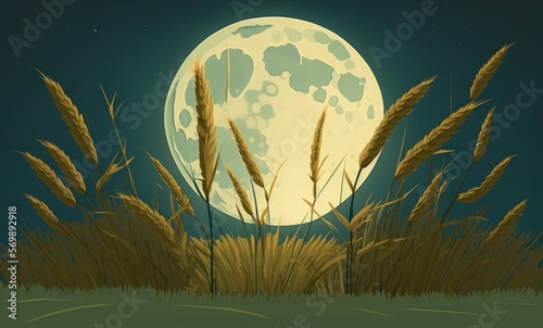 Grass from the Japanese Pampas with the harvest moon. Generative AI