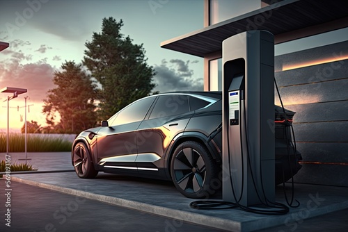 EV car and electronic charger, Eco and green energy power. Pure Electric. Generative AI © AI Farm