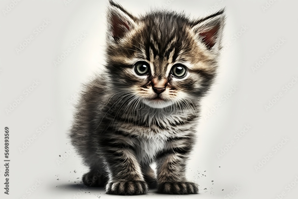 Obraz premium Black and white gray baby cat sitting in front of white back