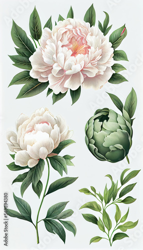 Peony in Chalk drawing, Flower Illustration Set. Invitations and Cards. Generative AI