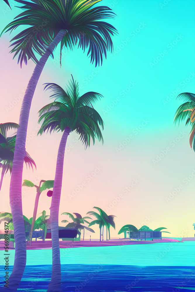 Tropical island with palm trees. 80s vibe. Generative AI
