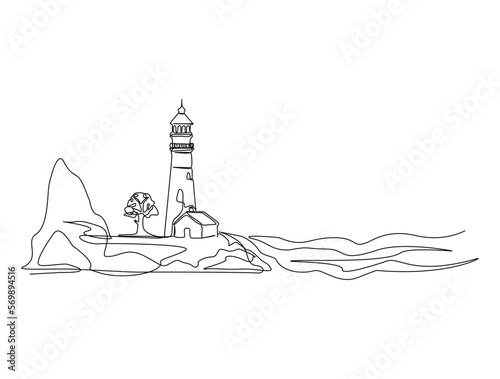 Continuous one line drawing of lighthouse tower. Simple illustration of castle hill tower, sea coast line art vector illustration