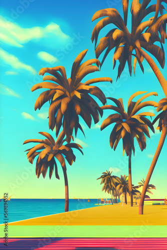 Tropical island with palm trees on the beach. 80s vibe. Generative AI