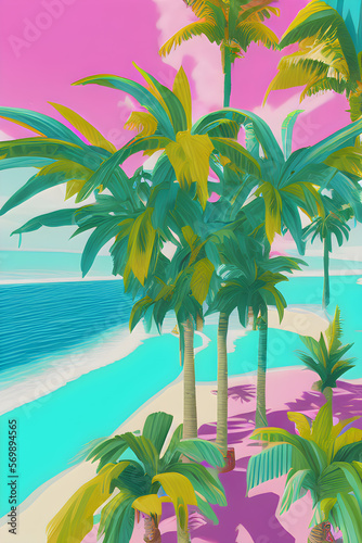 Tropical island with palm trees on the beach. 80s vibe. Generative AI