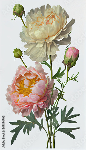 Peony in Oil paint, Flower Illustration Set. Invitations and Cards. Generative AI
