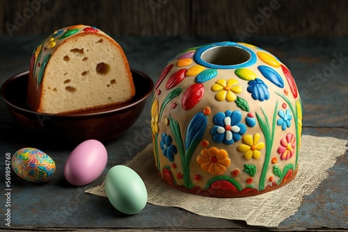 Easter themed music. Kulich, a traditional Ukrainian Easter confection, is displayed against a background of gray concrete and colourful sugar sweets. Easter Paska bread selective attention photo