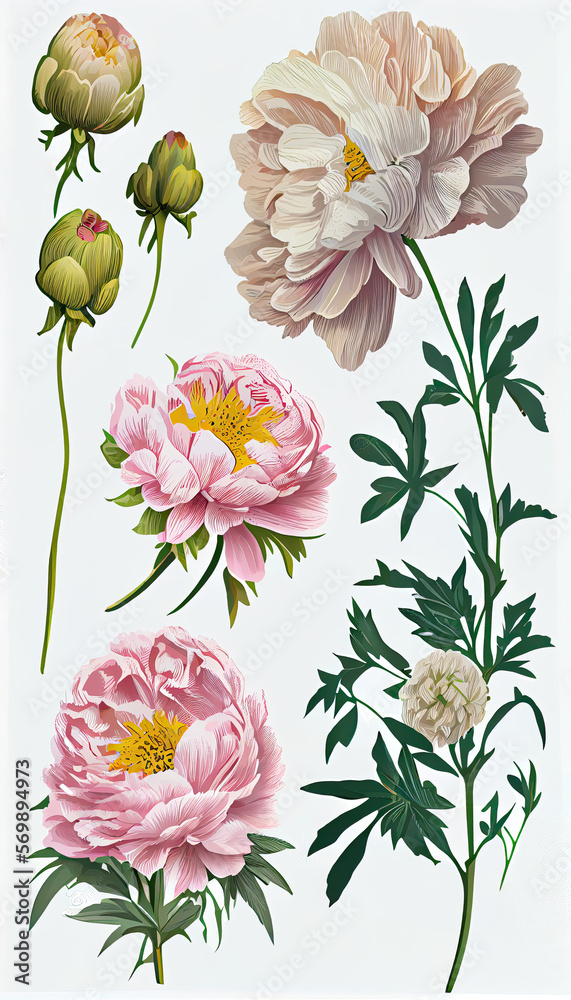 Peony in Stencil painting, Flower Illustration Set. Invitations and Cards. Generative AI