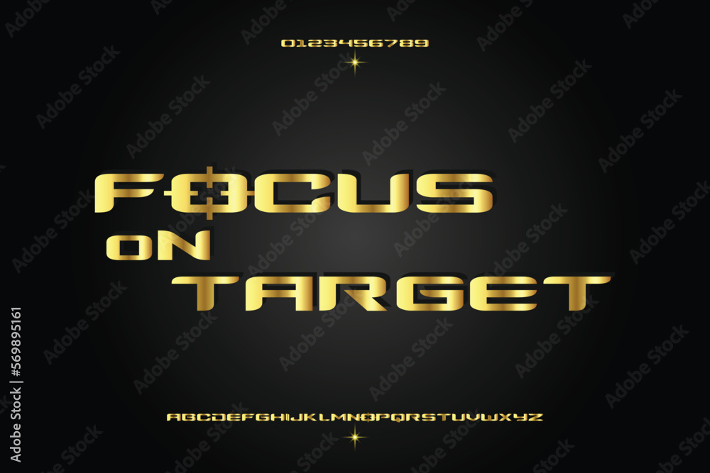Focus on Target elegant golden alphabet letters font set. Classic