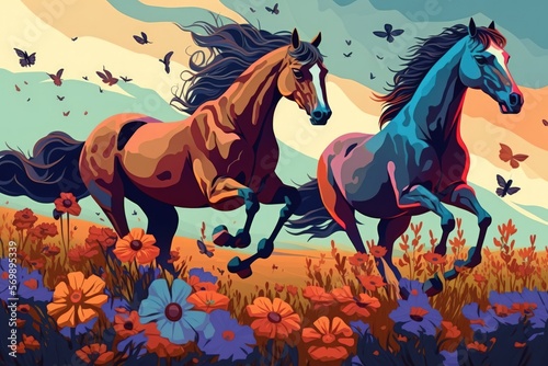 Horses canter through a flower meadow. Generative AI