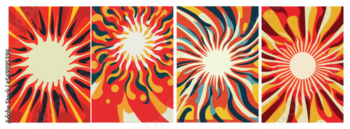 Set of backgrounds for the sun text. Set of backgrounds for hippie text, positive art, hippie art, psychedelic art inspired by the 1970s, 1960s.
The poster is bright sunny. Solar Art Festival. 