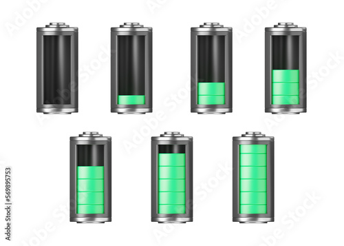 Battery 3d icon - electric full, low and empty capacity, energy storage. Power charge level, lithium accumulator set