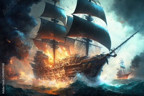 Pirate battle at sea explosive and intense action, generative AI
