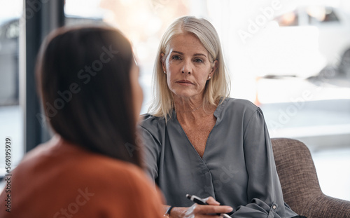 Listening, analysis and psychologist with a woman for therapy, consultation and anxiety support. Psychology, helping and therapist talking to a patient about depression during counseling meeting photo