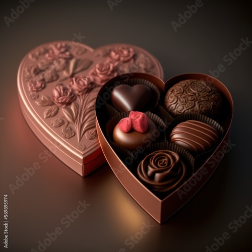 Valentine's Day chocolates in an old rose-colored heart-shaped box. Created using generative AI and image-editing software.