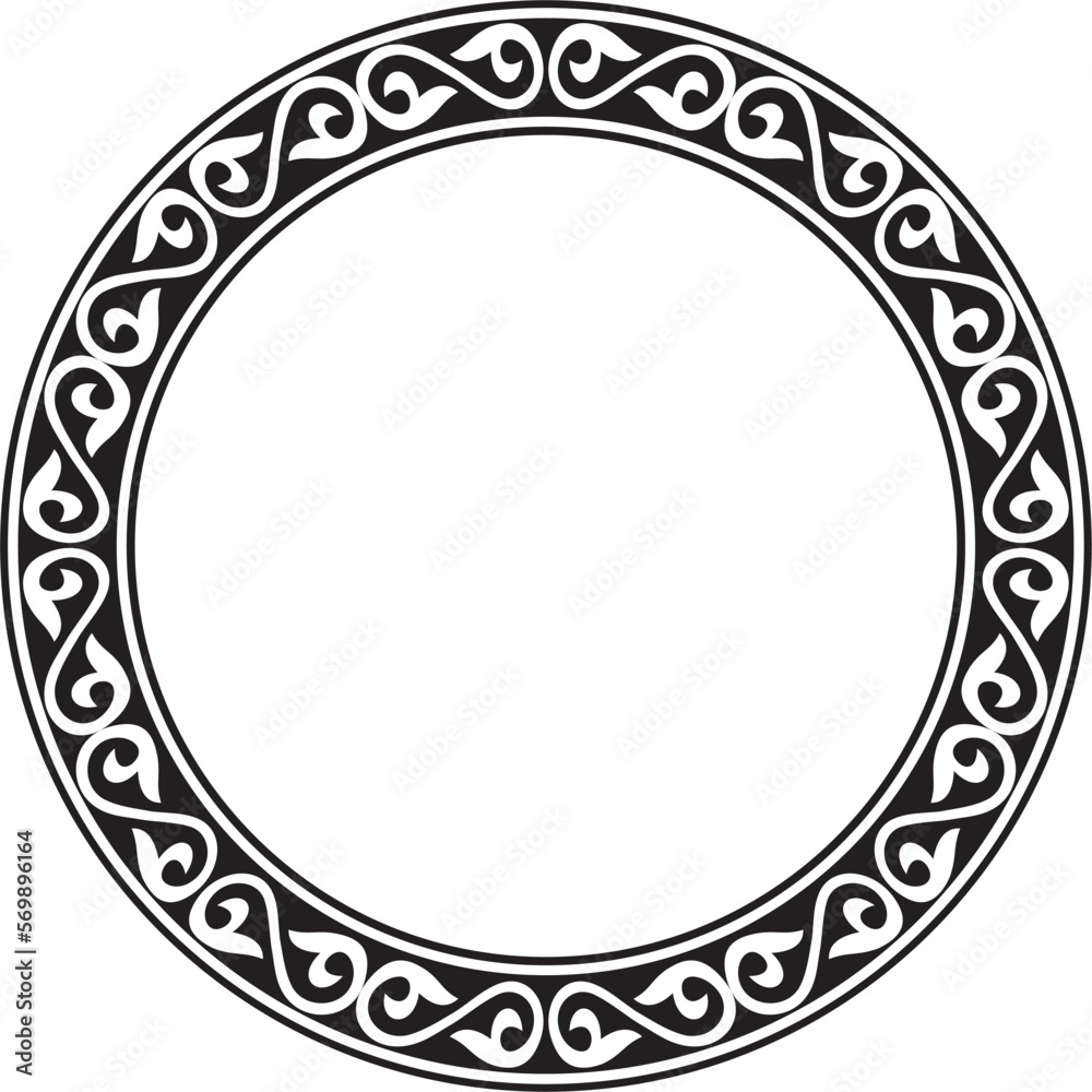 Vector monochrome Kazakh national round pattern, frame. Ethnic ornament of the nomadic peoples of Asia, the Great Steppe, Kazakhs, Kirghiz, Kalmyks, Mongols, Buryats, Turkmens