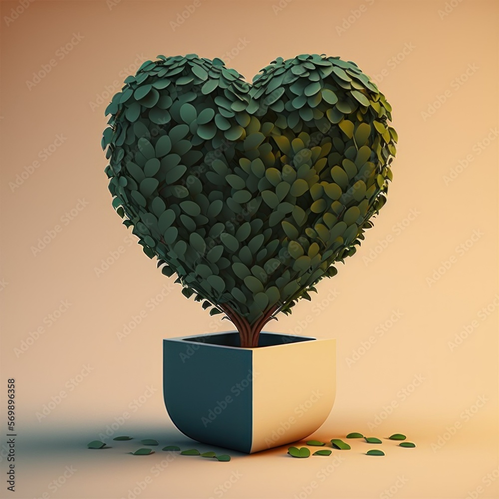 Heart-shaped topiary. Golden yellow background. Created using