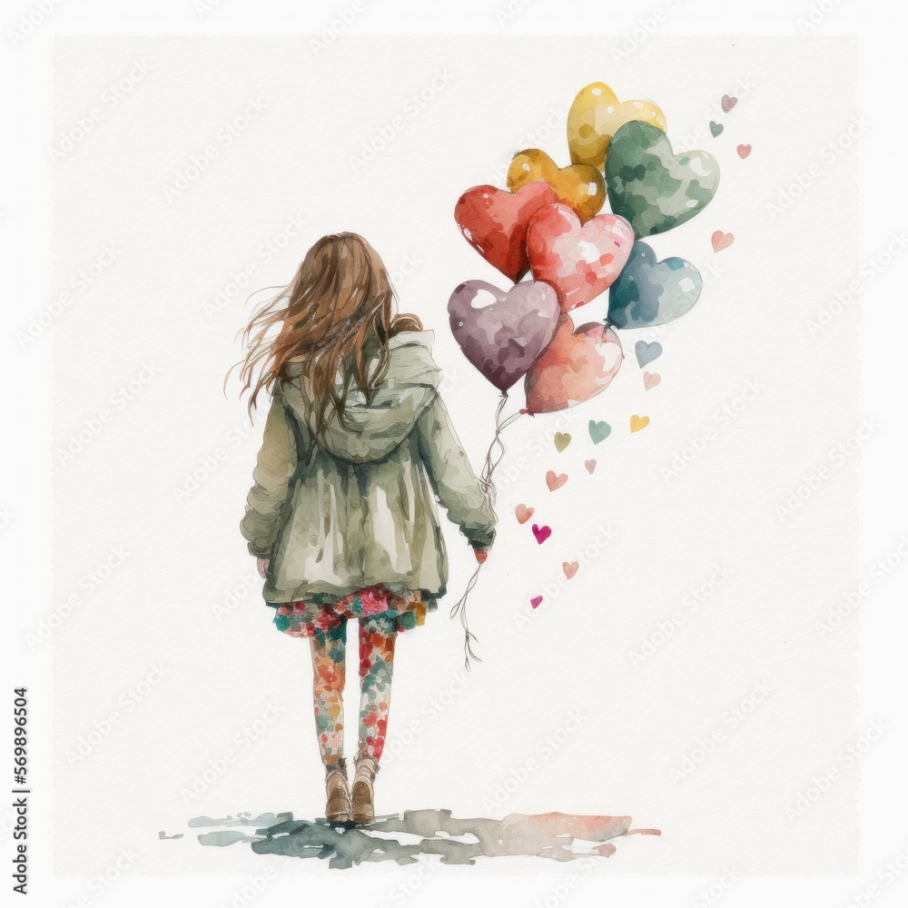 A girl with a heart-shaped balloon painted by watercolor. Created using generative AI and image-editing software.