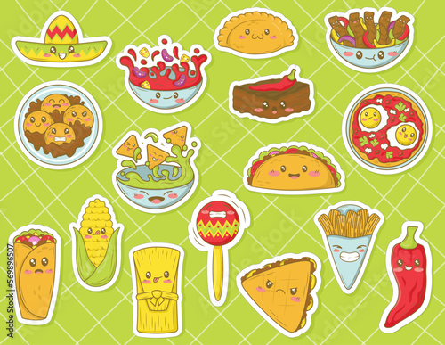 bundle  of kawaii stickers with mexican food in cartoon doodle style