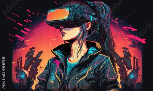 Cyberpunk futuristic female wearing virtual reality goggles. Conceptual technology, showing a young gamer donning VR. Generative AI