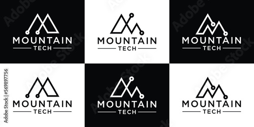 logo design creative line mountain and technology style creative icon vector illustration