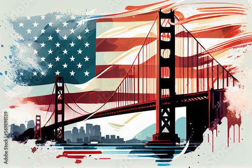 A vibrant illustration of the iconic city of San Francisco, showcasing its famous landmarks against the backdrop of the United States flag. Generative AI.