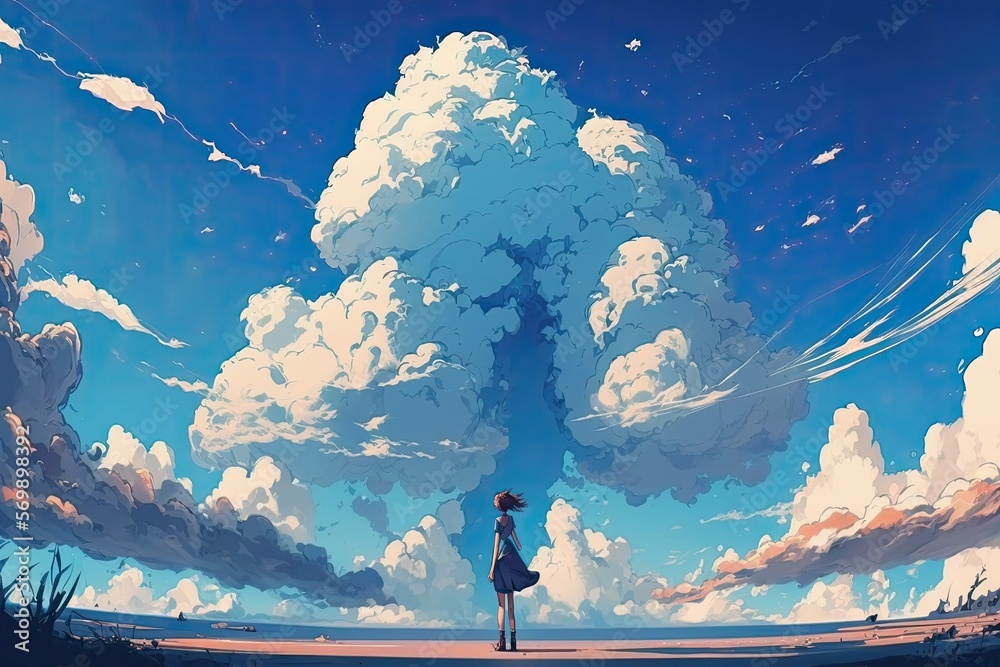 Fototapeta premium blue sky with paired clouds in anime style , ai generated