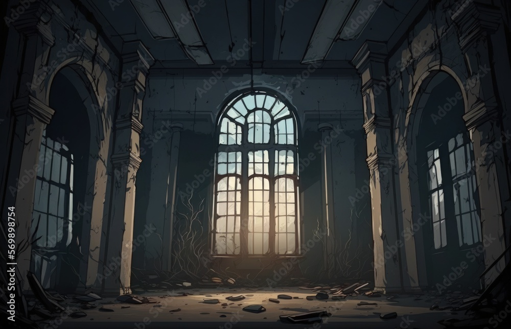 Dark, abandoned space with tall windows that makes a good background. Generative AI