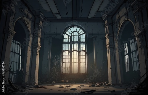 Dark  abandoned space with tall windows that makes a good background. Generative AI