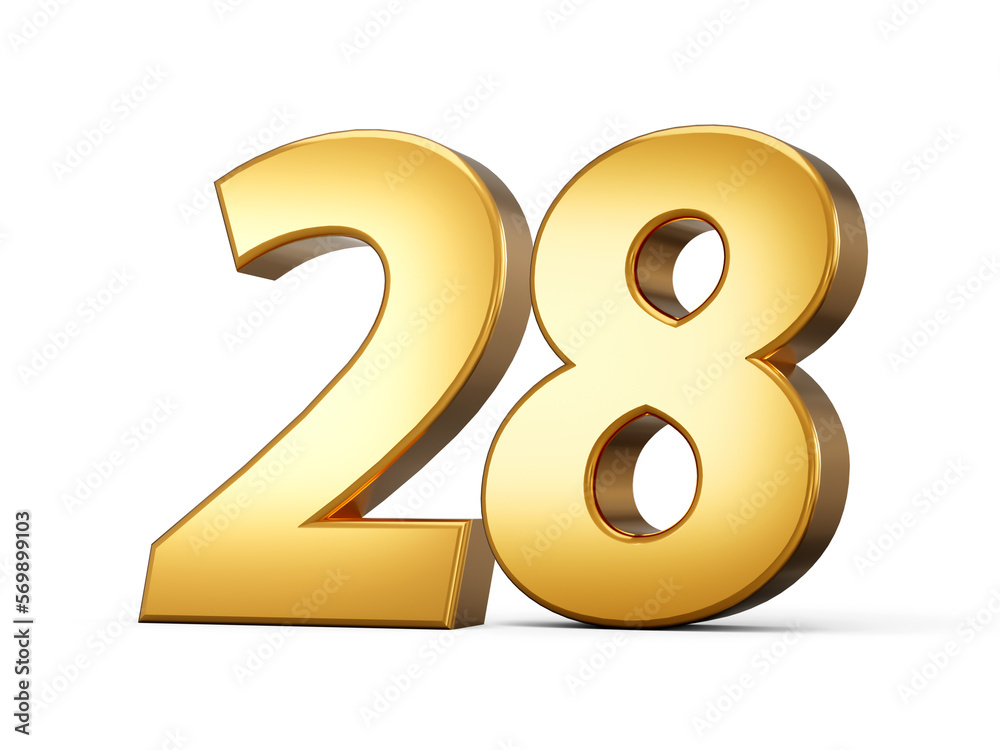 Golden metallic Number 28 twenty eight, White background 3d illustration