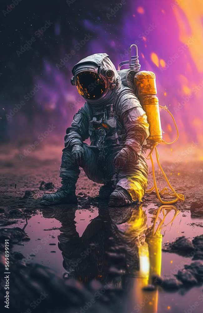 Abandoned astronaut on the ground, puddles, garbage on the ground. Generative AI. Abandoned astronaut on the ground, puddles, garbage on the ground. Generative AI.
