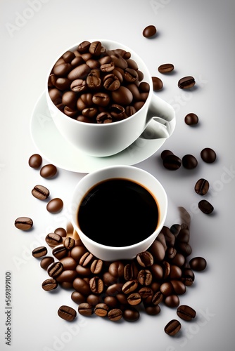 Coffee cup and coffee beans on white background. The file contains clipping path - generative ai