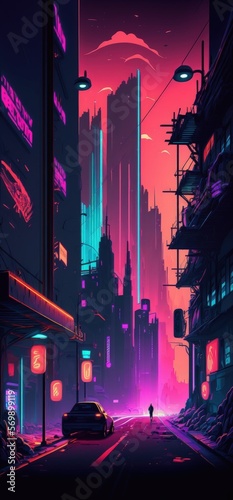 Future neon city. In a futuristic metropolis, an industrial area. Cyberpunk inspired wallcoverings. Grungy cityscape with enormous futuristic structures and dazzling neon lights. illustration